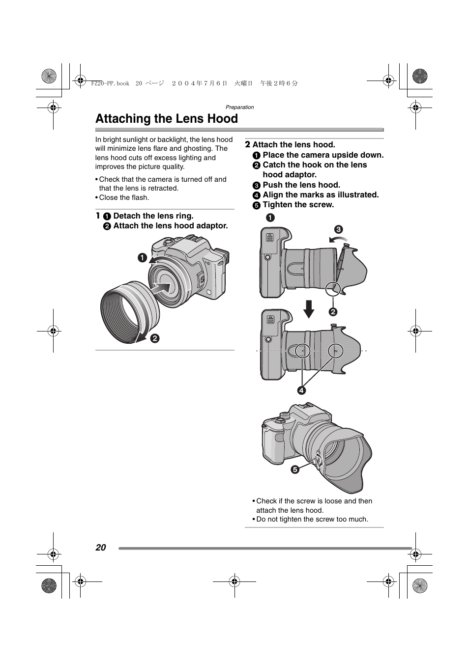 Attaching the lens hood | Panasonic DMC-FZ20PP User Manual | Page 20 / 128