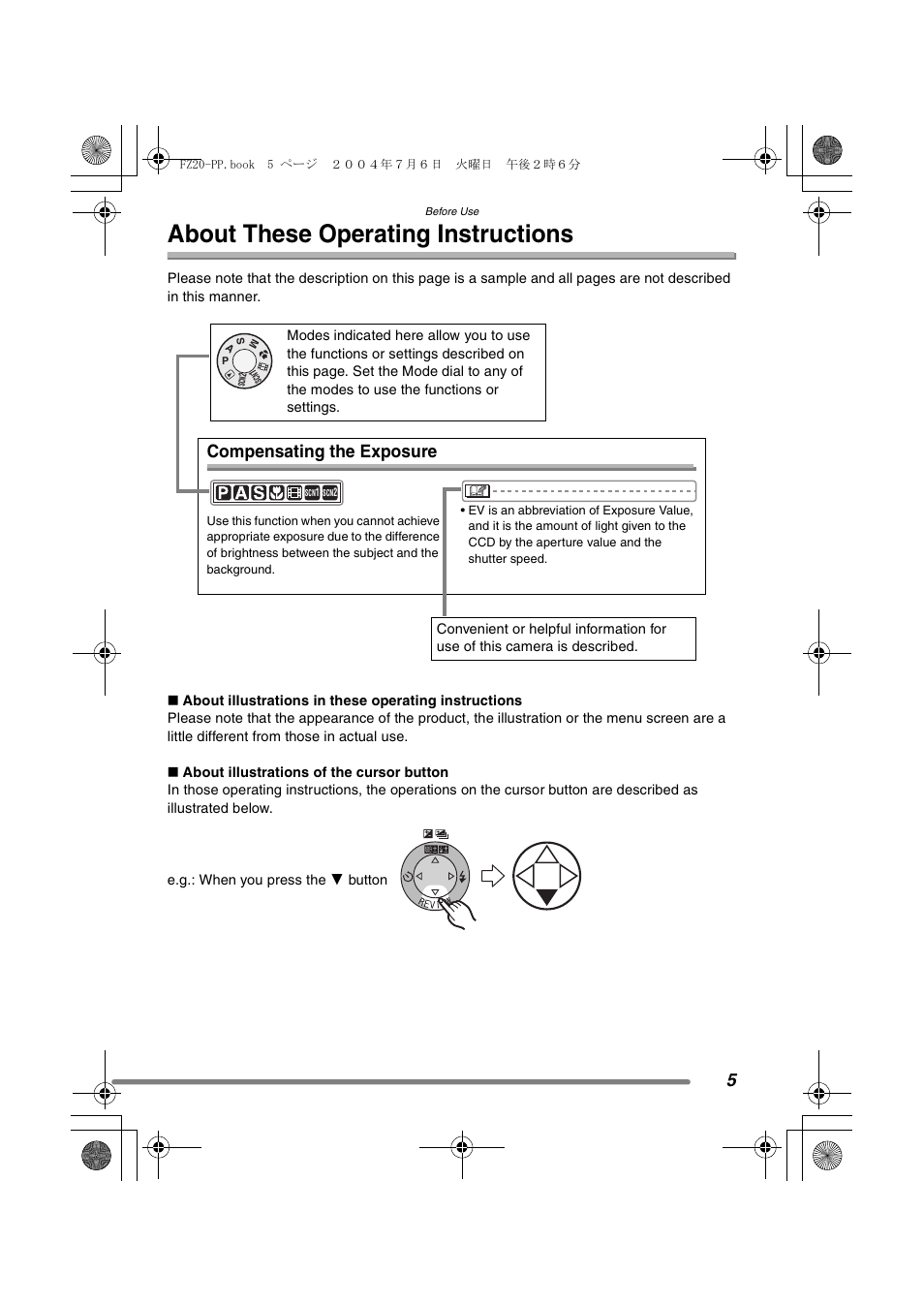 About these operating instructions, Compensating the exposure | Panasonic DMC-FZ20PP User Manual | Page 5 / 128