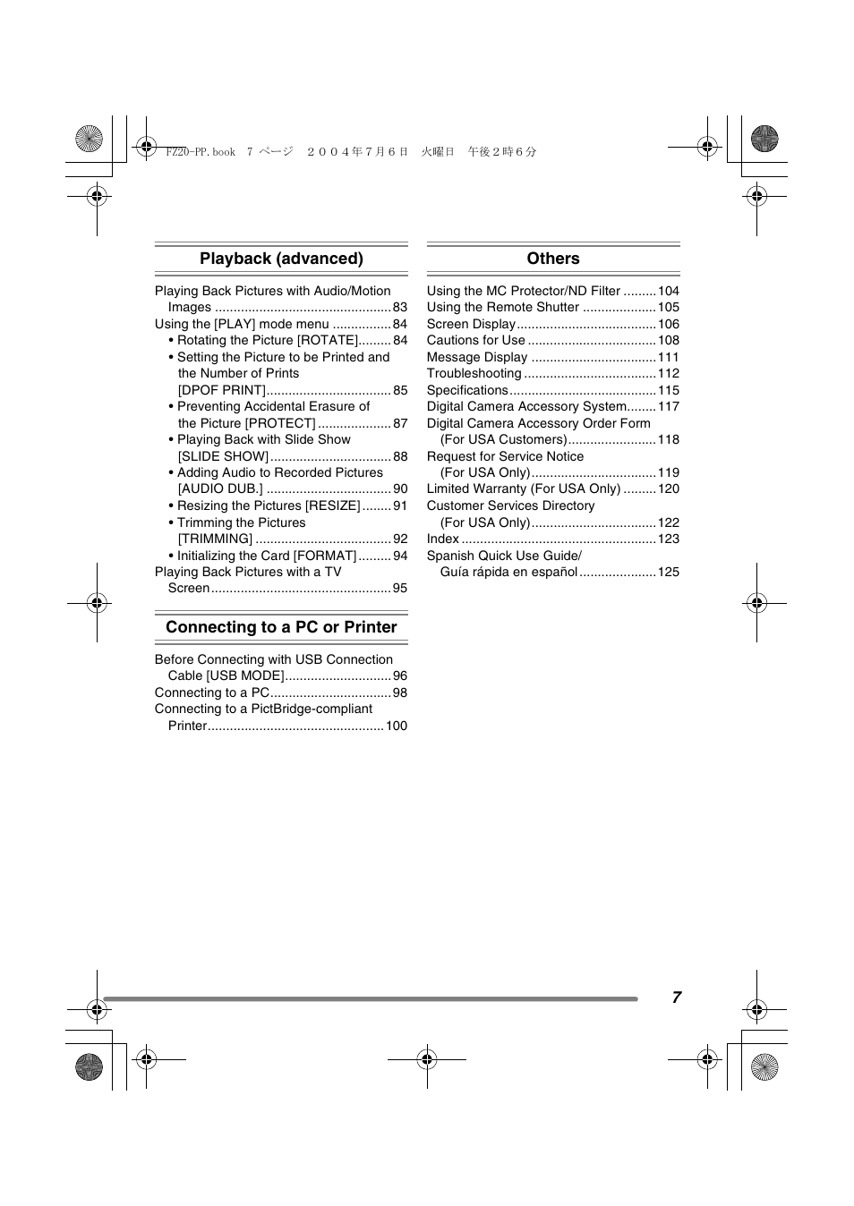 7playback (advanced), Connecting to a pc or printer, Others | Panasonic DMC-FZ20PP User Manual | Page 7 / 128