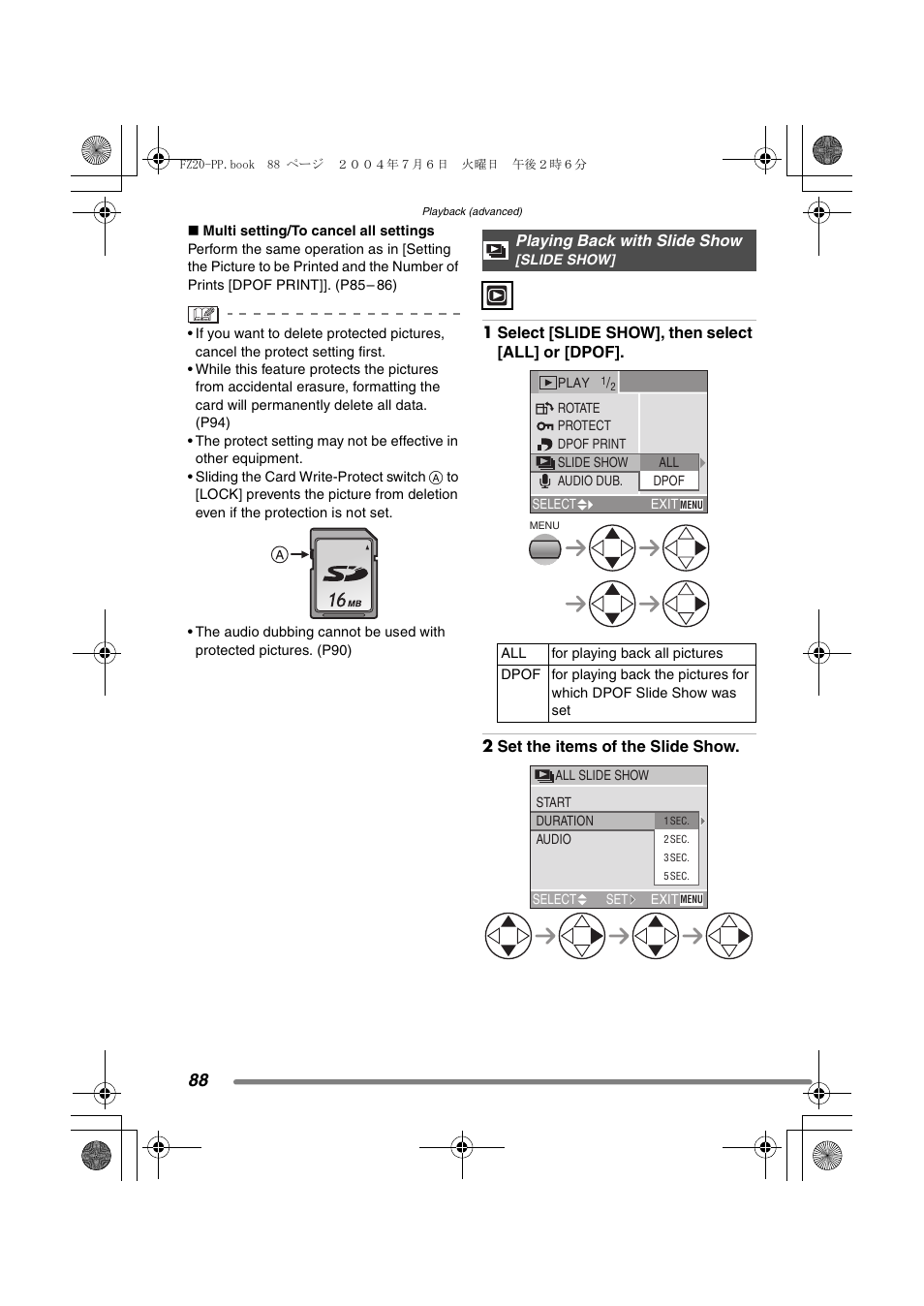 Playing back with slide show | Panasonic DMC-FZ20PP User Manual | Page 88 / 128