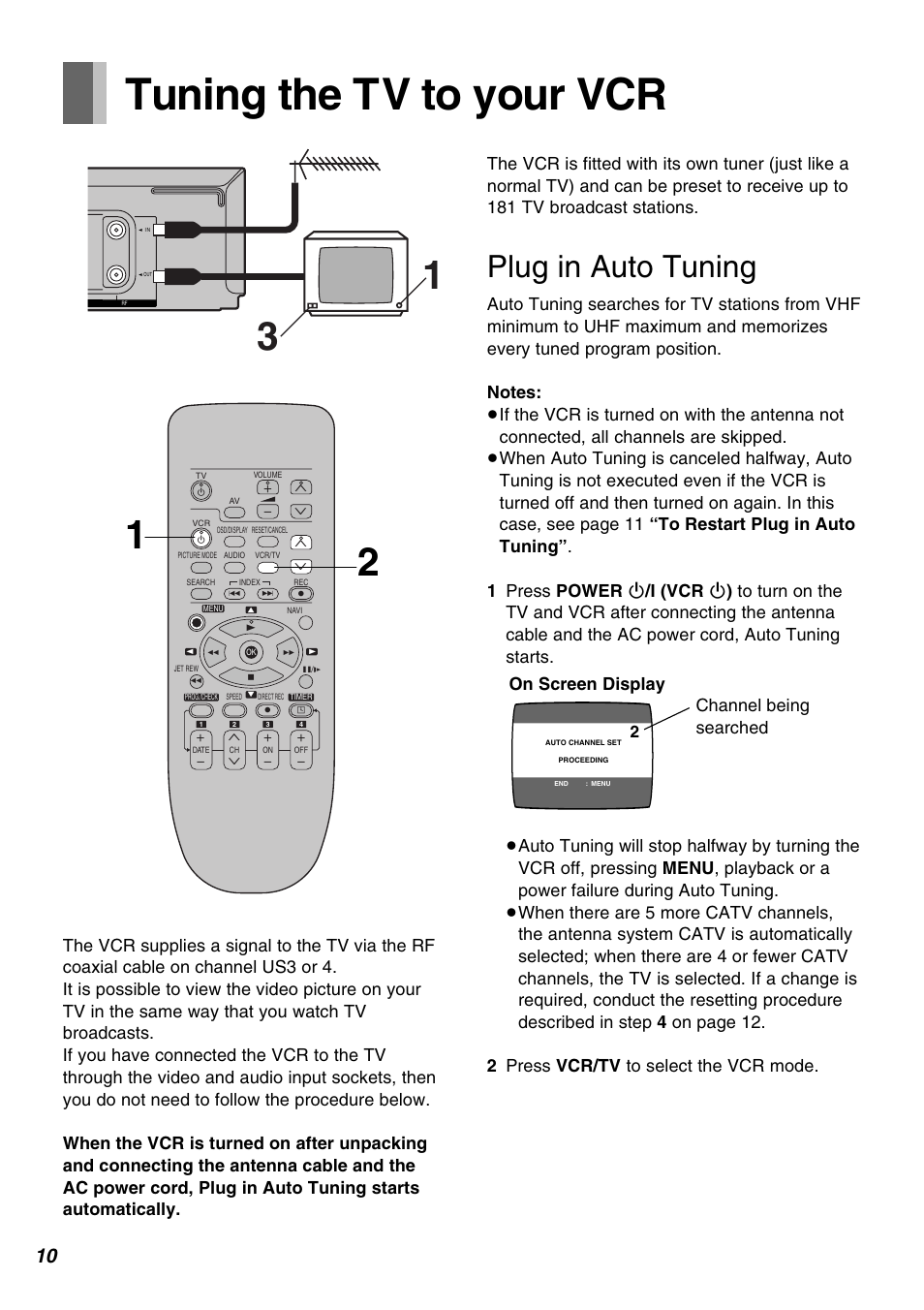 Tuning the tv to your vcr, Plug in auto tuning | Panasonic AG-1350P User Manual | Page 10 / 40