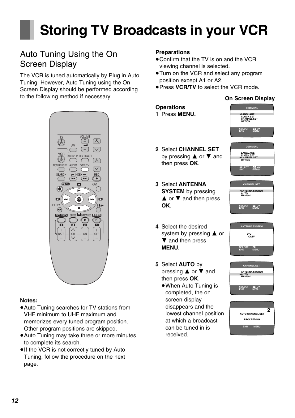 Storing tv broadcasts in your vcr, Auto tuning using the on screen display, On screen display | Xw x | Panasonic AG-1350P User Manual | Page 12 / 40