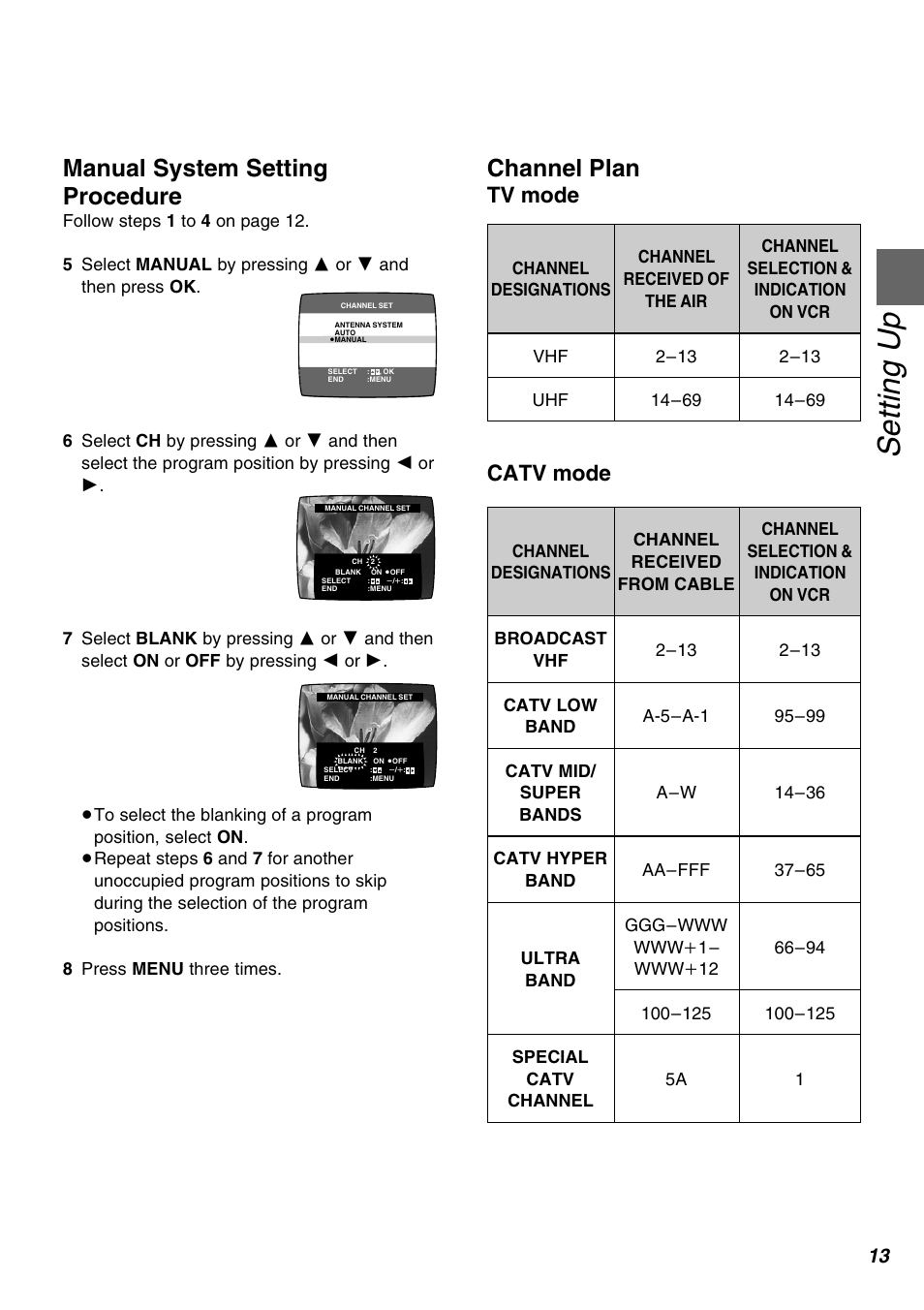 Setting up, Manual system setting procedure, Channel plan | Tv mode, Catv mode | Panasonic AG-1350P User Manual | Page 13 / 40