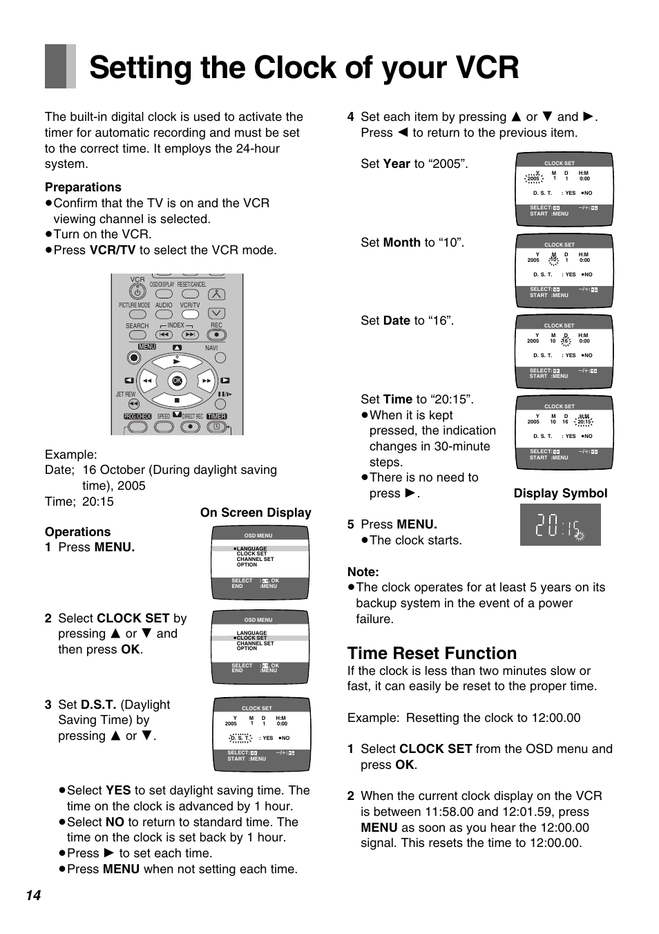 Setting the clock of your vcr, Time reset function | Panasonic AG-1350P User Manual | Page 14 / 40