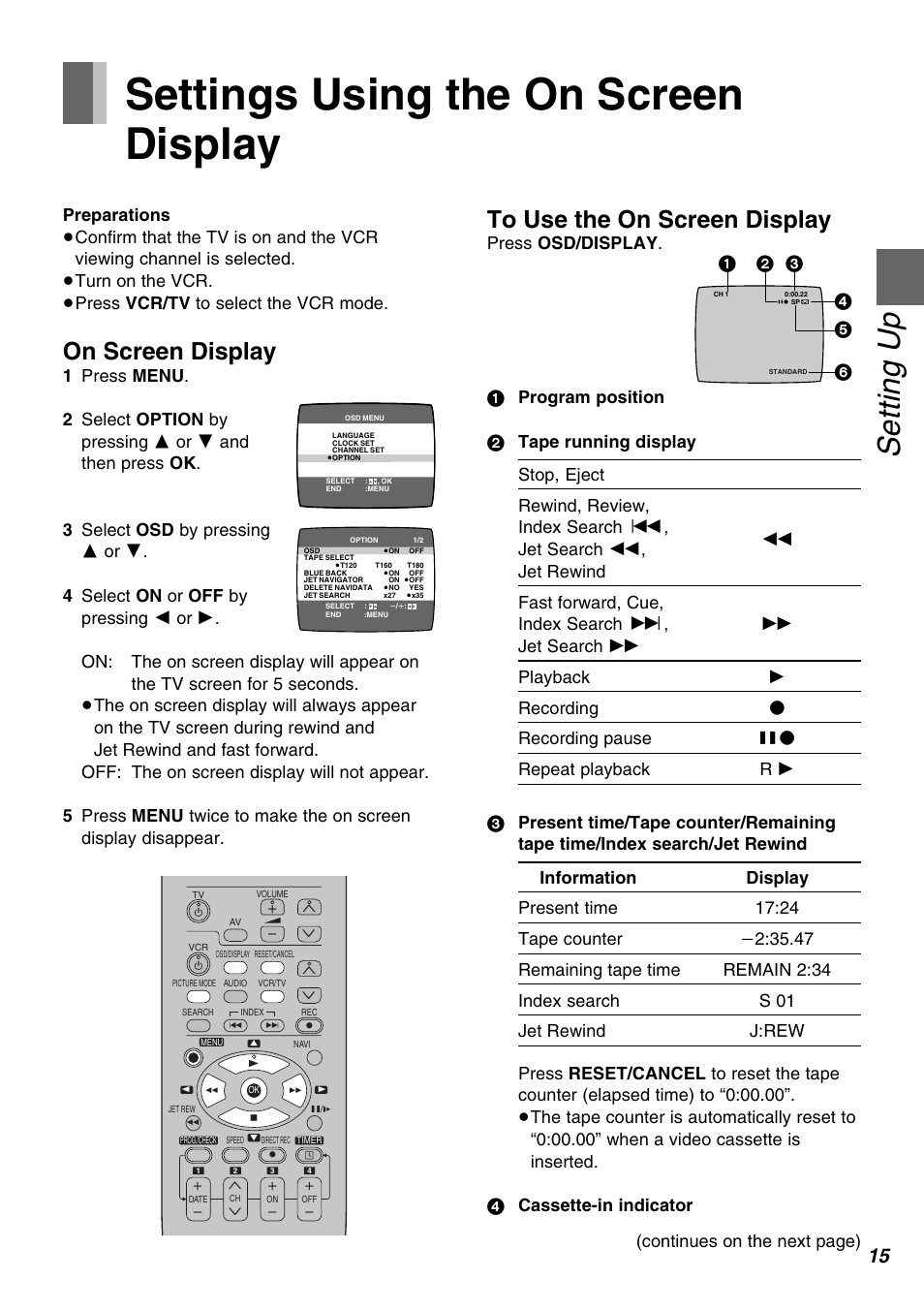 Settings using the on screen display, Setting up, On screen display | Continues on the next page) | Panasonic AG-1350P User Manual | Page 15 / 40