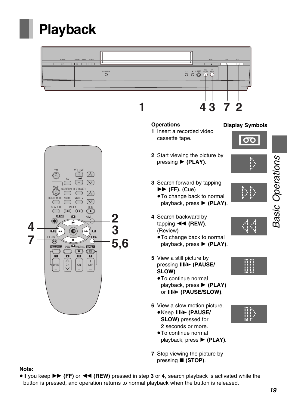 Basic operations, Playback, Display symbols | Panasonic AG-1350P User Manual | Page 19 / 40
