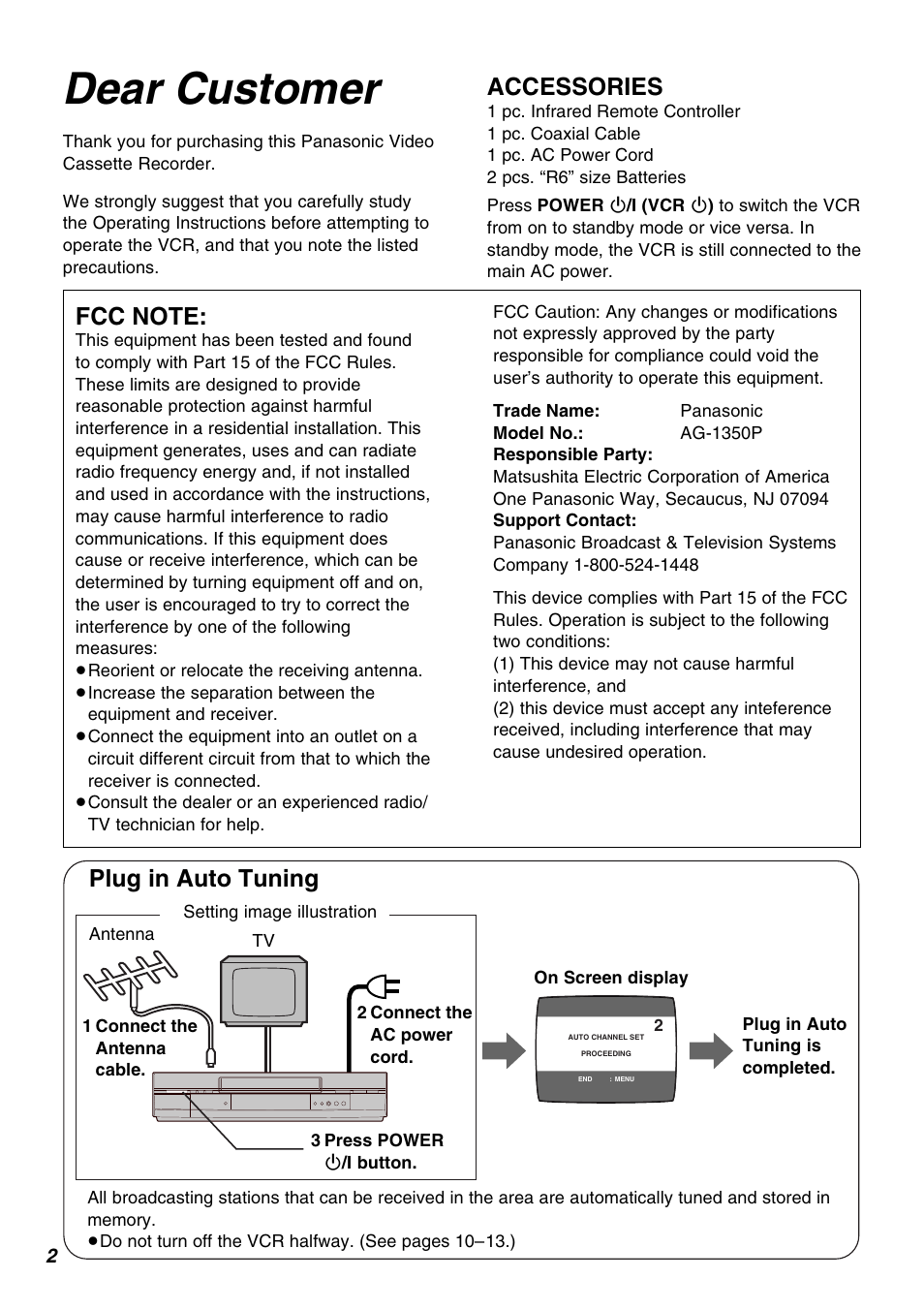 Dear customer, Plug in auto tuning, Accessories | Panasonic AG-1350P User Manual | Page 2 / 40