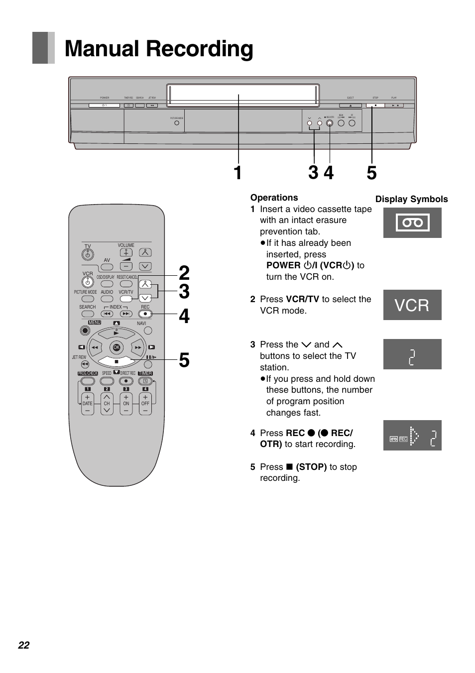 Manual recording, Display symbols, Xw x | Panasonic AG-1350P User Manual | Page 22 / 40