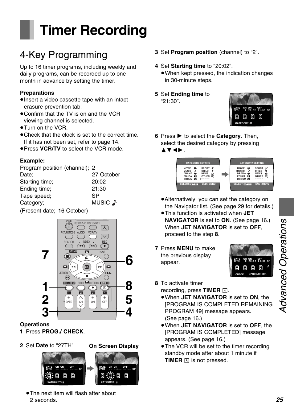 Advanced operations, Timer recording, Key programming | Panasonic AG-1350P User Manual | Page 25 / 40