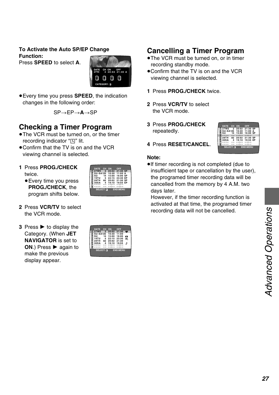 Advanced operations, Checking a timer program, Cancelling a timer program | Panasonic AG-1350P User Manual | Page 27 / 40