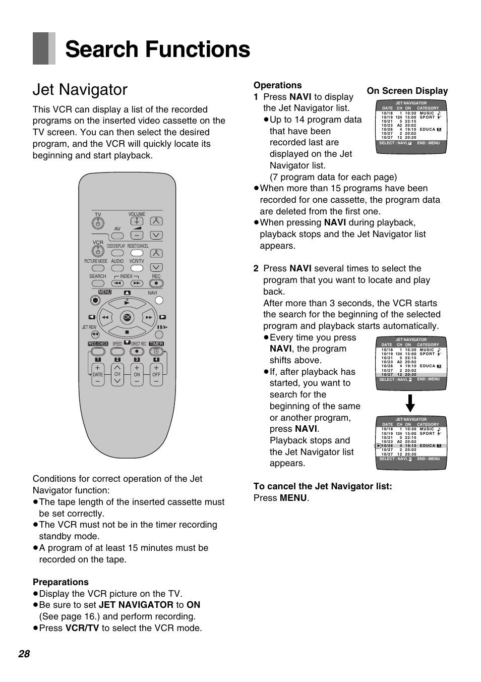 Search functions, Jet navigator, On screen display | Xw x | Panasonic AG-1350P User Manual | Page 28 / 40