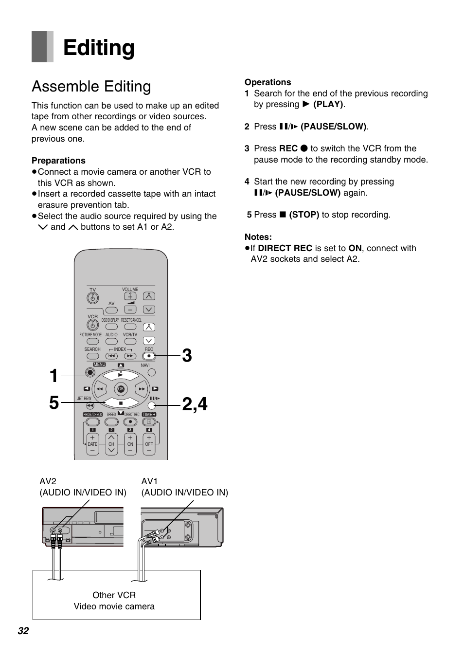 Editing, Assemble editing | Panasonic AG-1350P User Manual | Page 32 / 40
