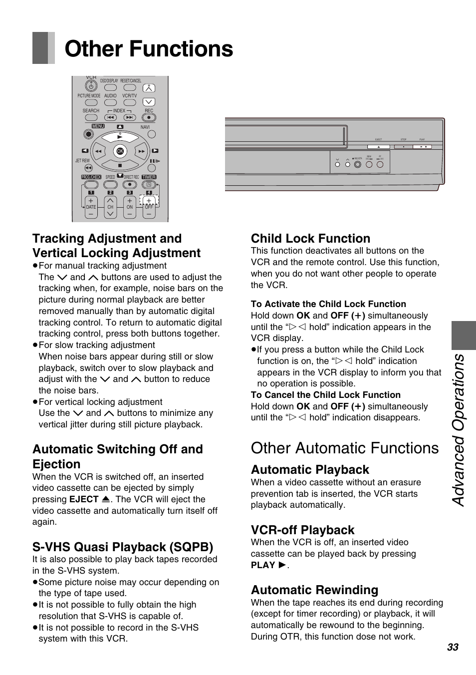 Other functions, Advanced operations, Other automatic functions | Automatic switching off and ejection, S-vhs quasi playback (sqpb), Child lock function, Automatic playback, Vcr-off playback, Automatic rewinding | Panasonic AG-1350P User Manual | Page 33 / 40