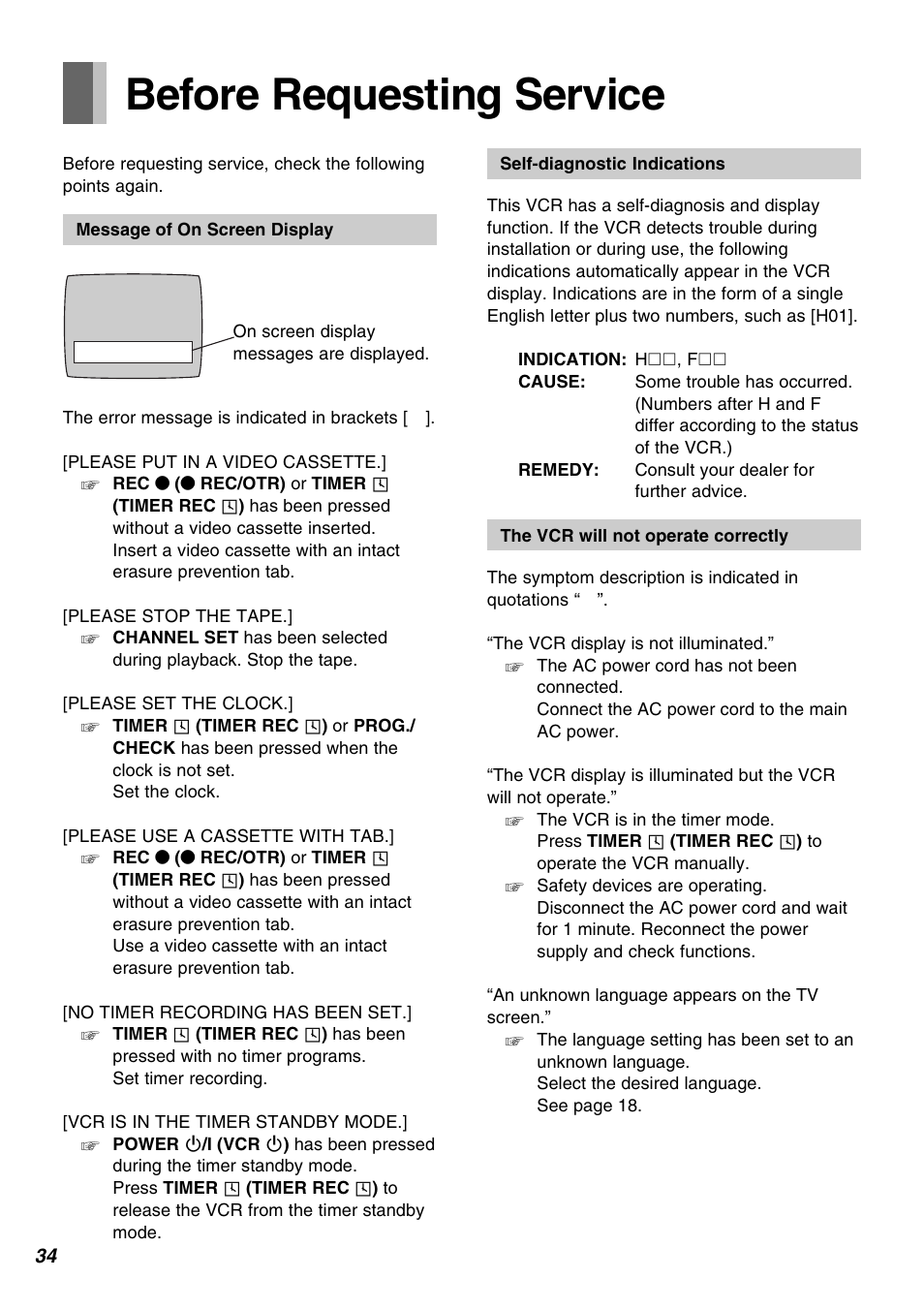Helpful hints, Before requesting service | Panasonic AG-1350P User Manual | Page 34 / 40