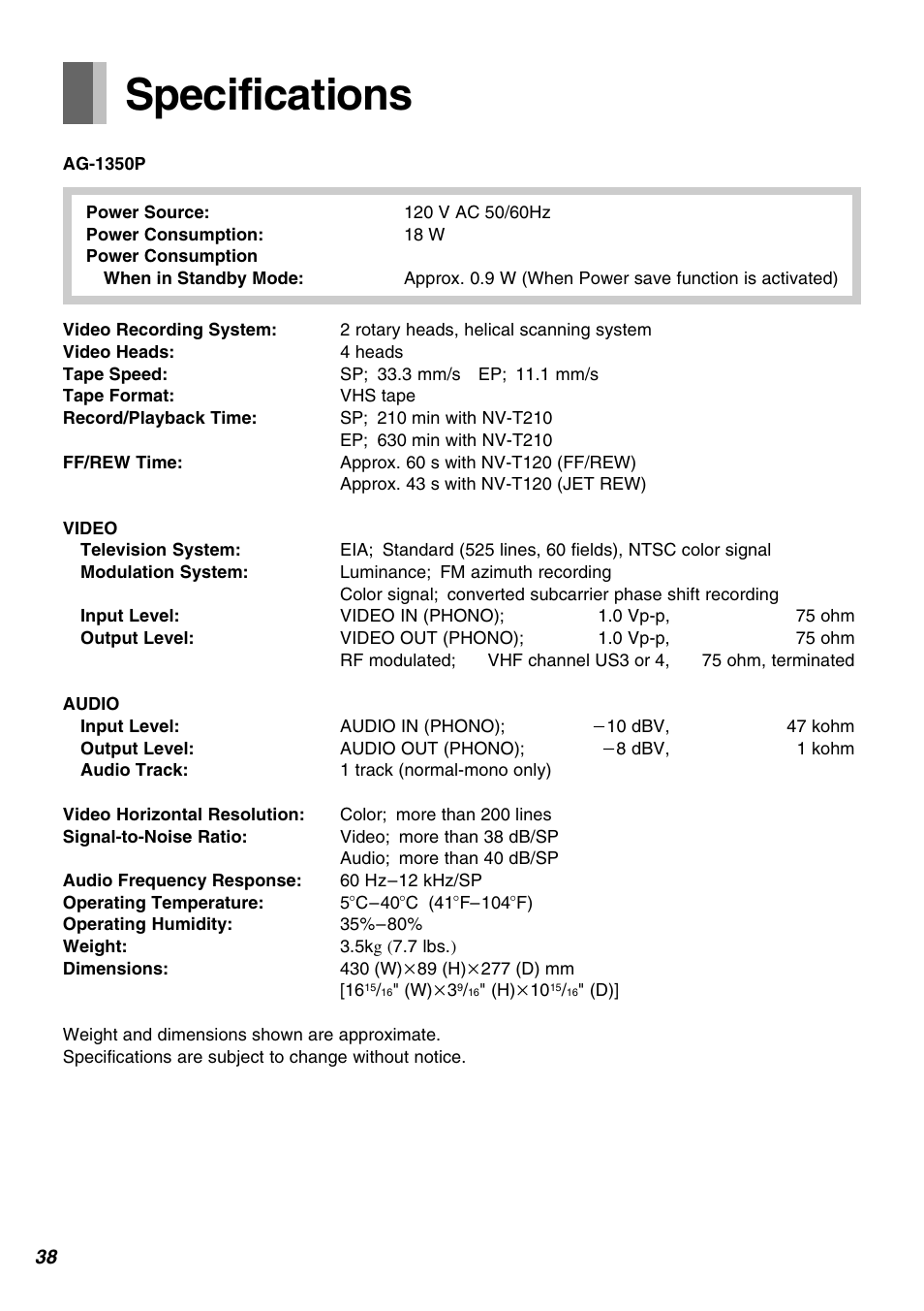 Specifications | Panasonic AG-1350P User Manual | Page 38 / 40