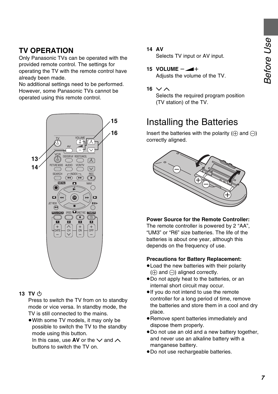 Before use, Installing the batteries, Tv operation | Panasonic AG-1350P User Manual | Page 7 / 40