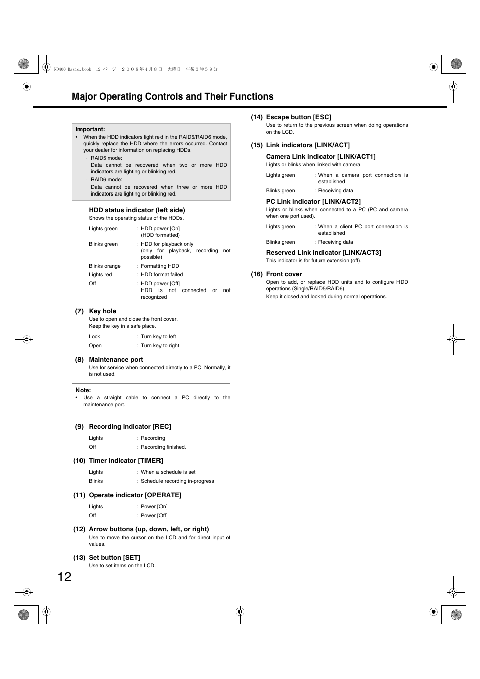 Major operating controls and their functions | Panasonic WJ-ND400 User Manual | Page 12 / 60