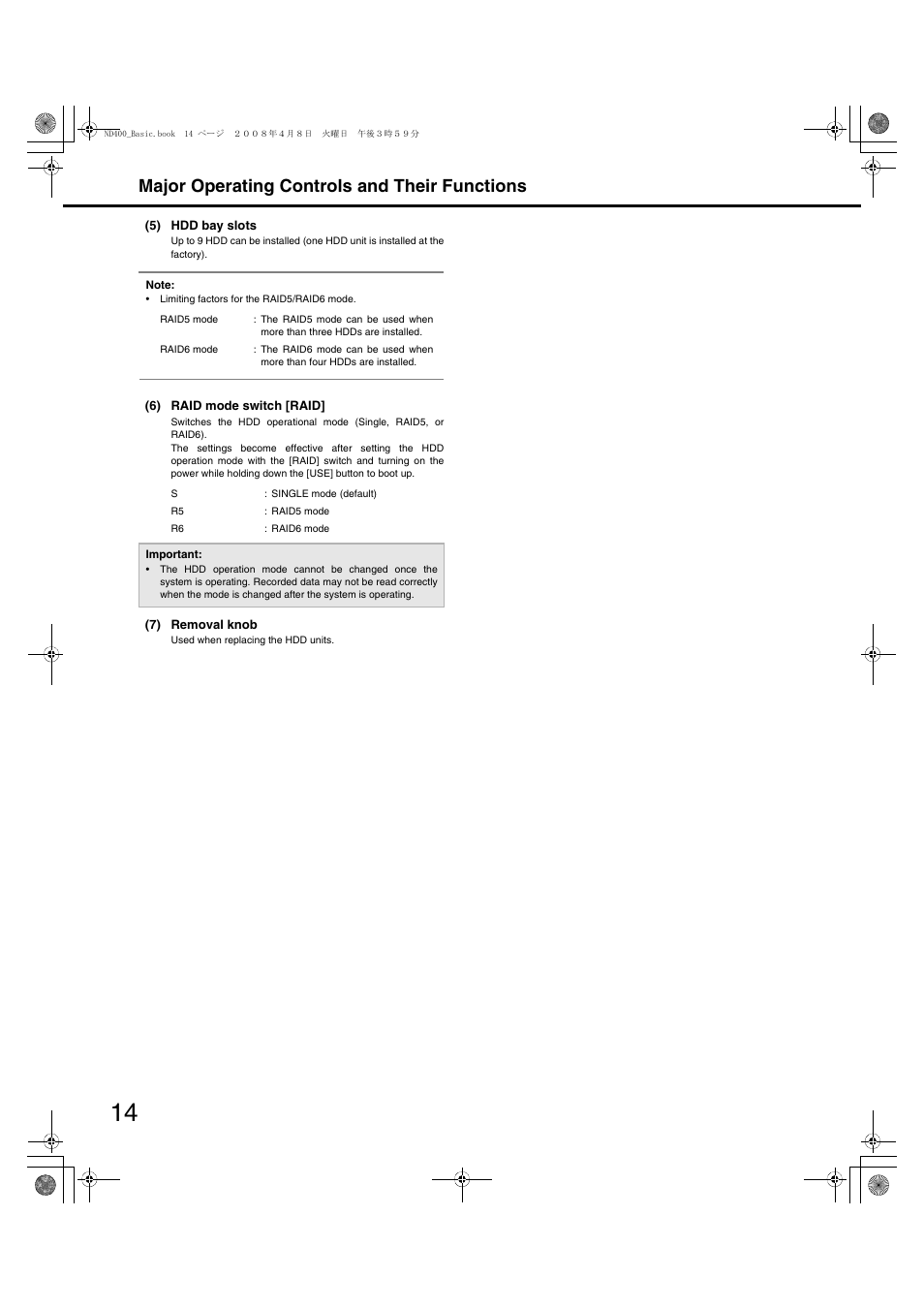 Major operating controls and their functions | Panasonic WJ-ND400 User Manual | Page 14 / 60