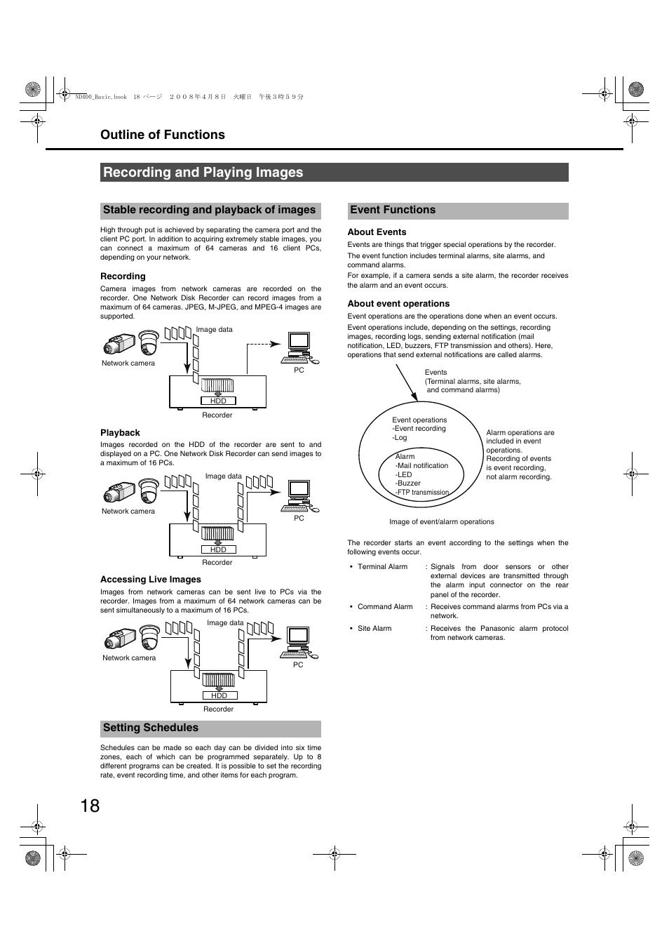 Recording and playing images, Outline of functions, Event functions | Panasonic WJ-ND400 User Manual | Page 18 / 60