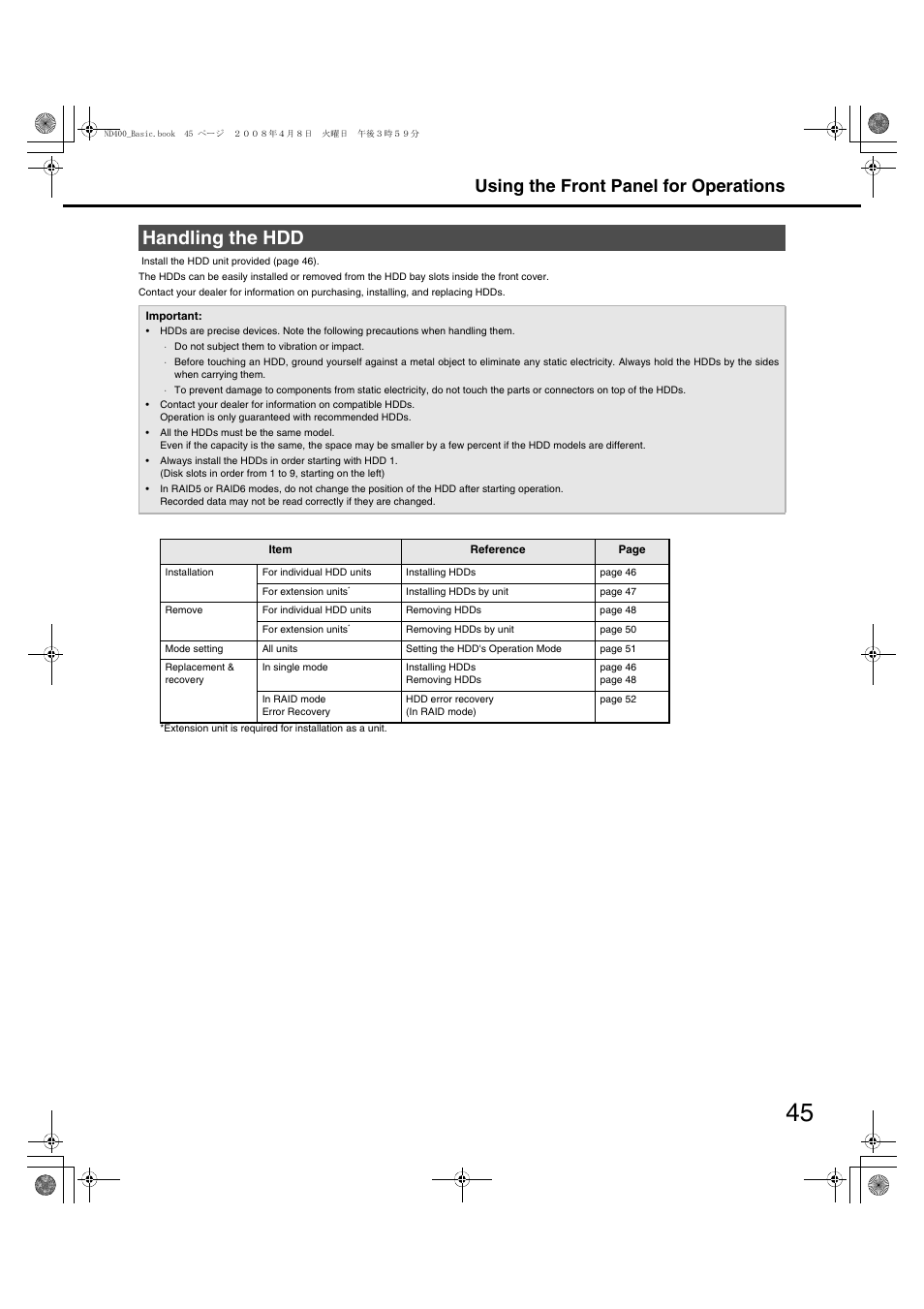 Handling the hdd, Using the front panel for operations | Panasonic WJ-ND400 User Manual | Page 45 / 60