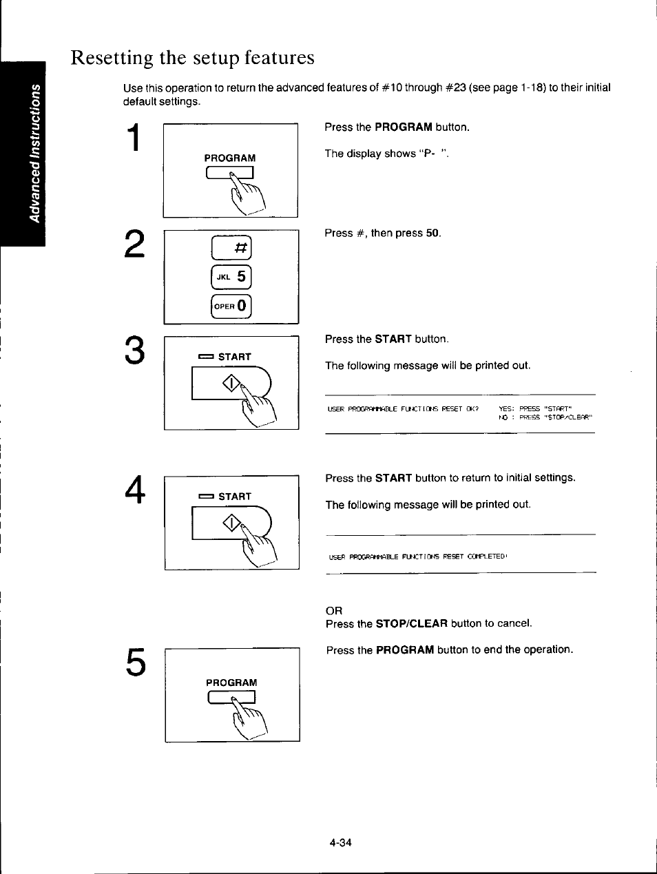 Resetting the setup features, Resetting the setup features -34 | Panasonic KXF150 User Manual | Page 100 / 132