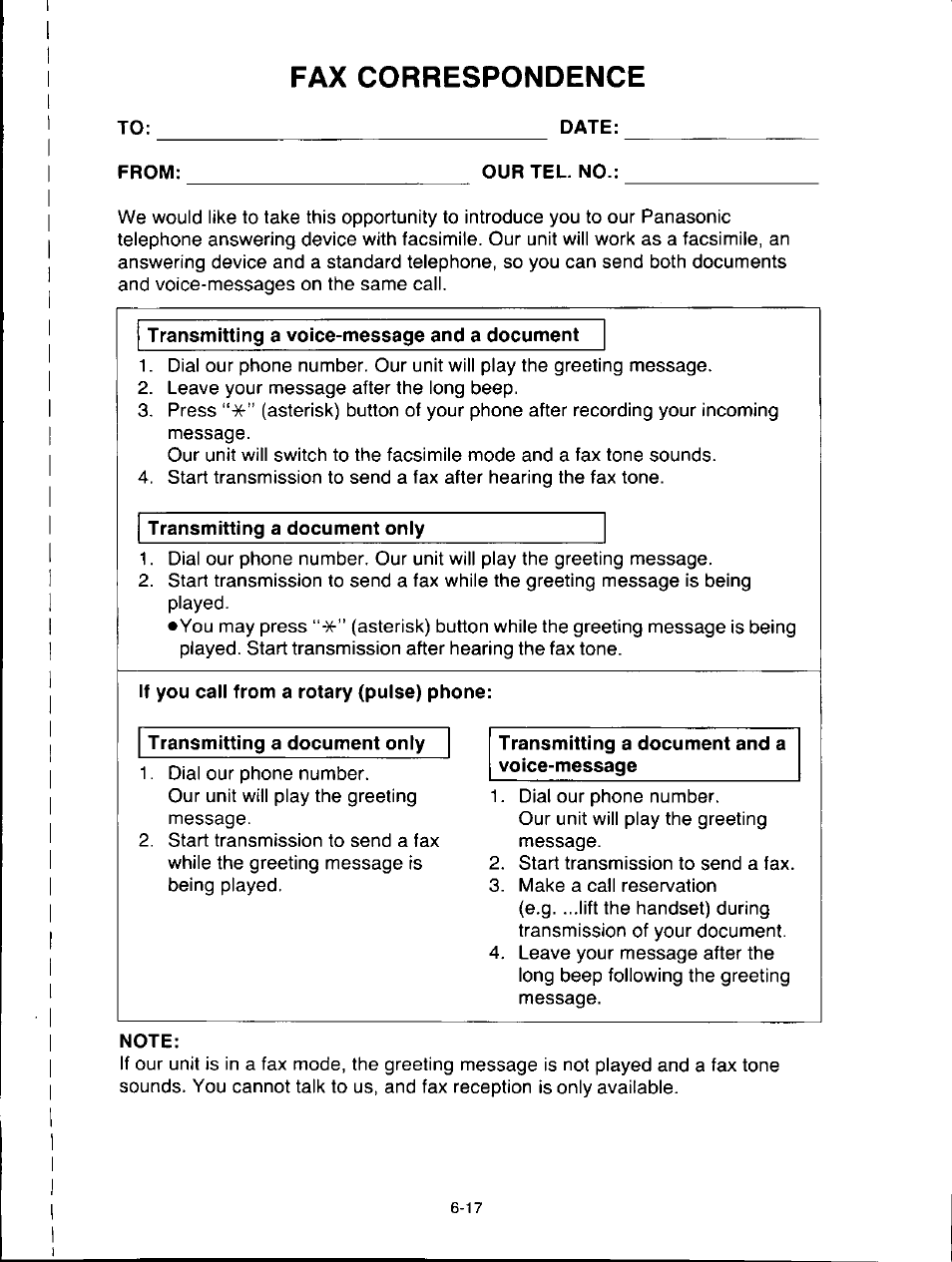 Date, Our tel. no, Transmitting a voice-message and a document | Transmitting a document only, If you call from a rotary (pulse) phone, Note, Fax correspondence | Panasonic KXF150 User Manual | Page 125 / 132
