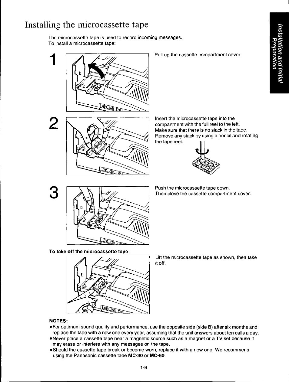 Installing the microcassette tape, Notes, Installing the microcassette tape -9 | Panasonic KXF150 User Manual | Page 17 / 132