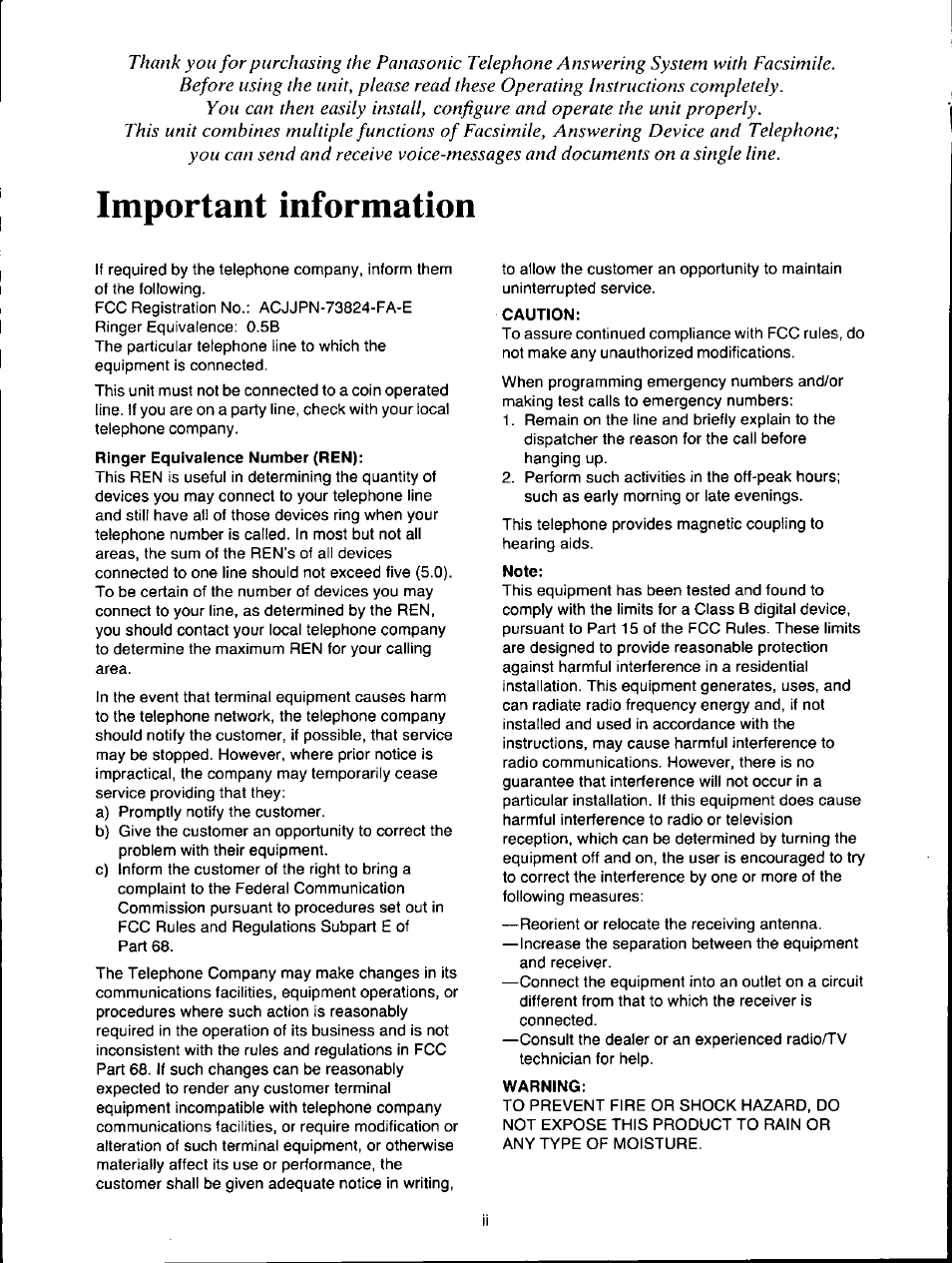 Important information, Caution, Note | Warning | Panasonic KXF150 User Manual | Page 2 / 132