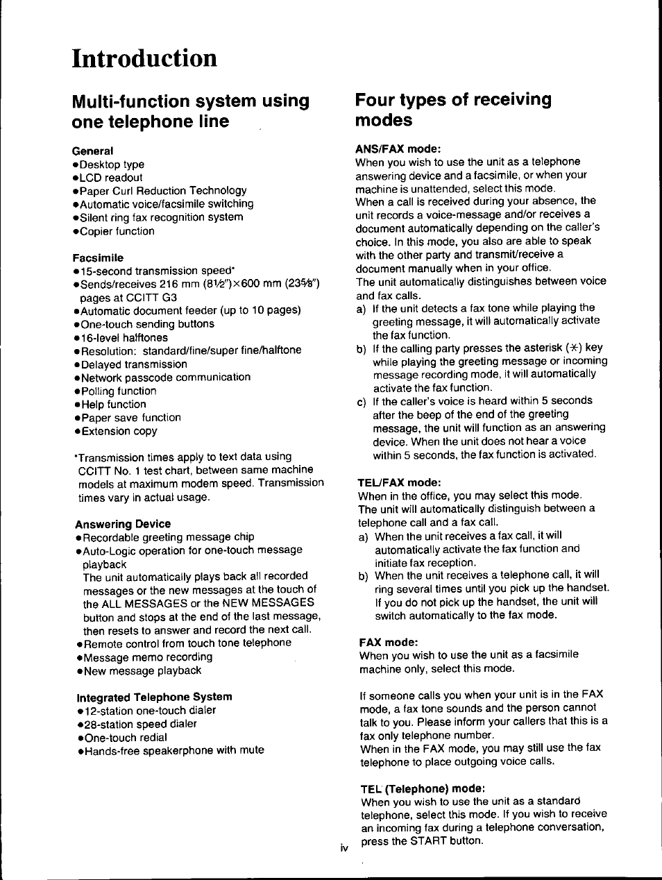 Introduction, Multi-function system using one telephone line, Four types of receiving modes | Panasonic KXF150 User Manual | Page 4 / 132