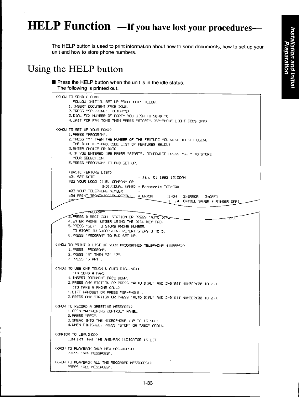 Help function —if you have lost your procedures, Using the help button, Using the help button -33 | Help function, If you have lost your procedures | Panasonic KXF150 User Manual | Page 41 / 132