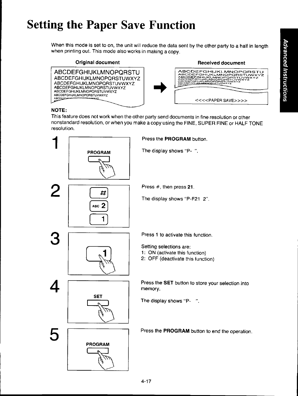 Setting the paper save function, Original document, Received document | Note, Setting the paper save function -17 | Panasonic KXF150 User Manual | Page 83 / 132