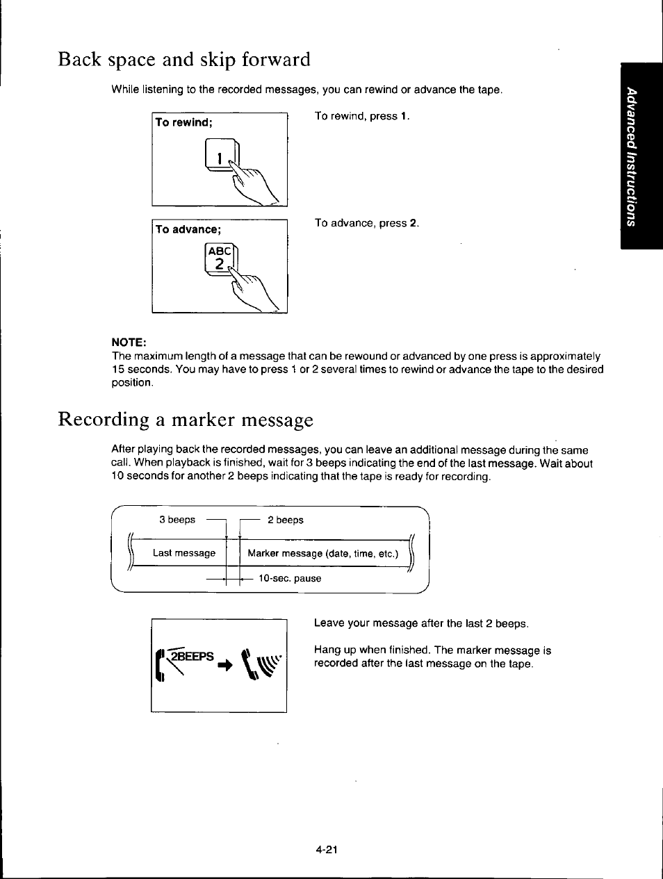 Back space and skip forward, Recording a marker message, Back space and skip forward -21 | Recording a marker message -21 | Panasonic KXF150 User Manual | Page 87 / 132