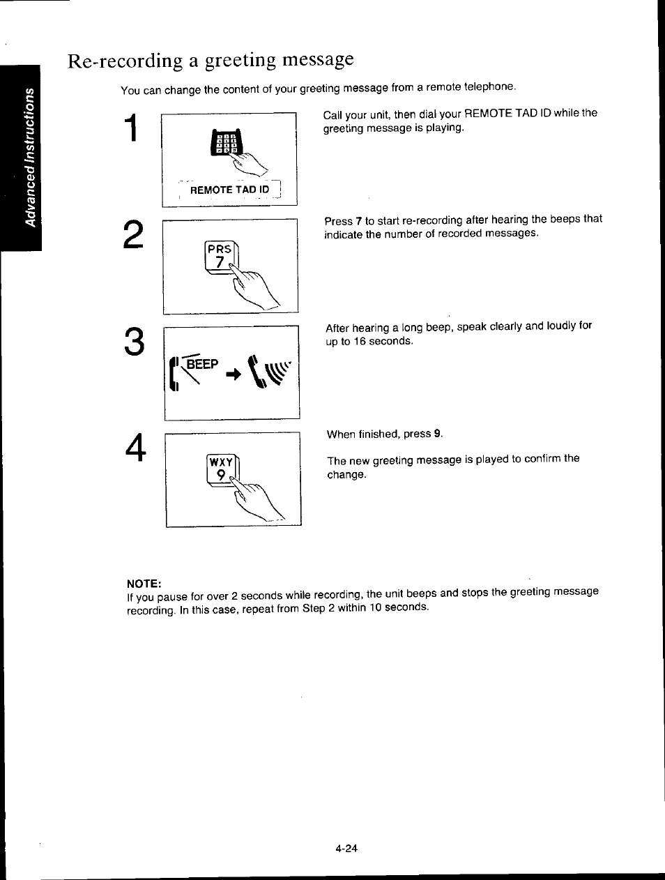 Re-recording a greeting message, Note, Re-recording a greeting message -24 | Panasonic KXF150 User Manual | Page 90 / 132
