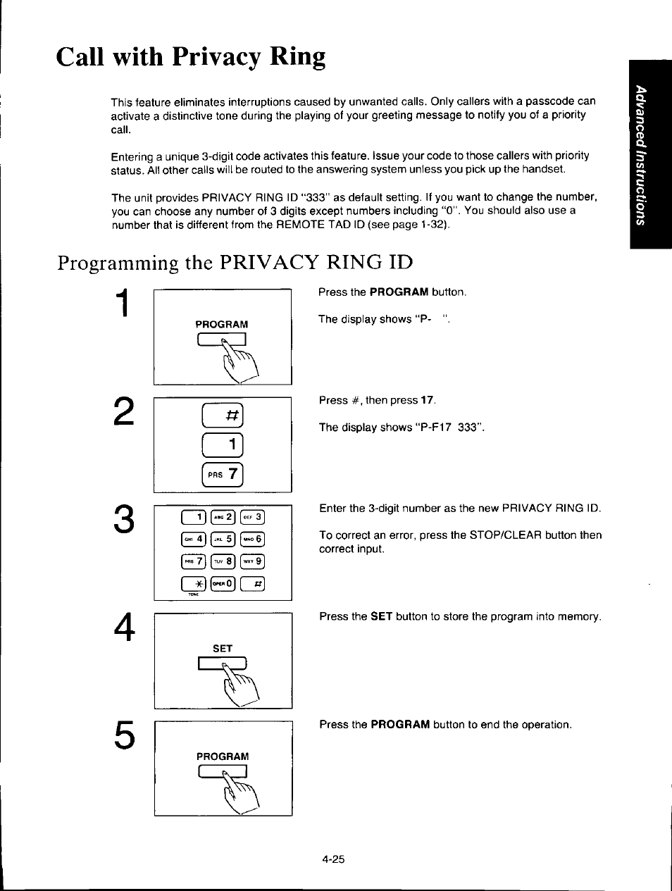 Call with privacy ring, Programming the privacy ring id, Call with privacy ring -25 | Programming the privacy ring id -25 | Panasonic KXF150 User Manual | Page 91 / 132
