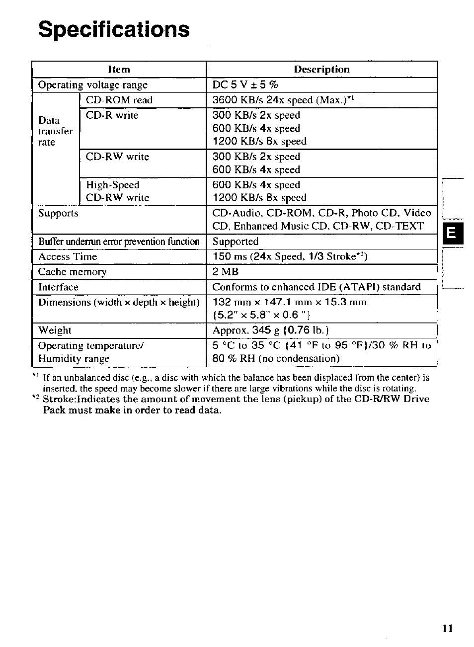 Specifications | Panasonic CF-VCW722 User Manual | Page 11 / 28