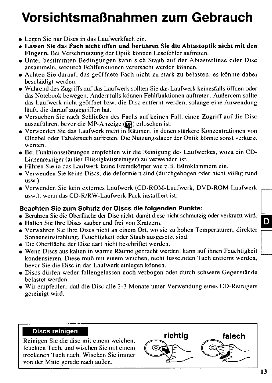 Vorsichtsmaßnahmen zum gebrauch, Discs reinigen, Vofsiöhtsmaßnshmen гит gebrauch | Panasonic CF-VCW722 User Manual | Page 13 / 28