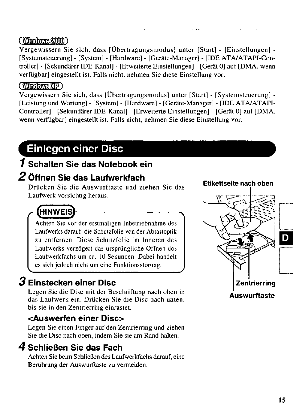 Twjndlö!^20.001, Mtitfigroa?), Einlegen einer disc | Panasonic CF-VCW722 User Manual | Page 15 / 28