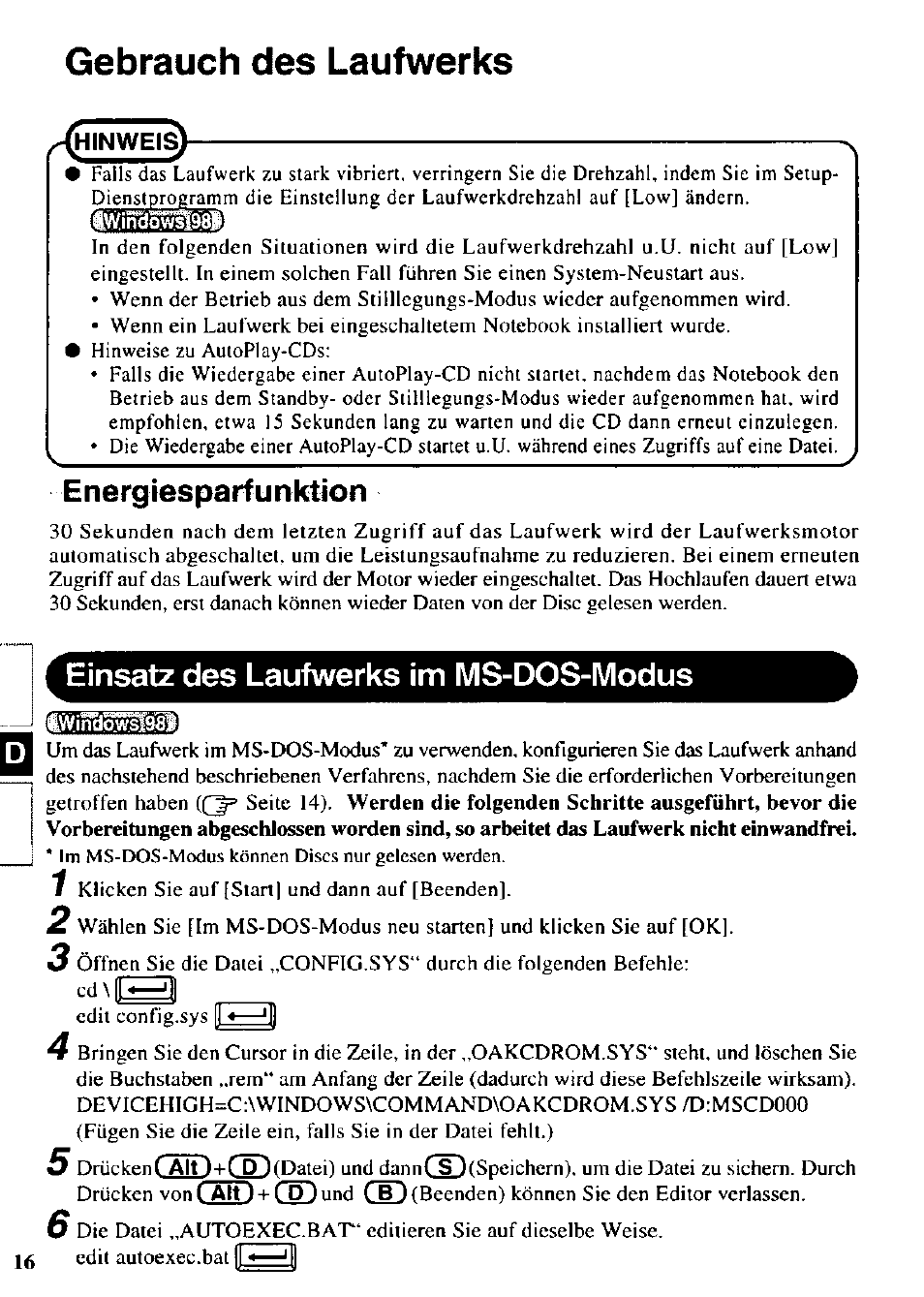 Energiesparfunktion, Einsatz des laufwerks im ms-dos-modus, Gebrauch des laufwerks | Äd+csd | Panasonic CF-VCW722 User Manual | Page 16 / 28