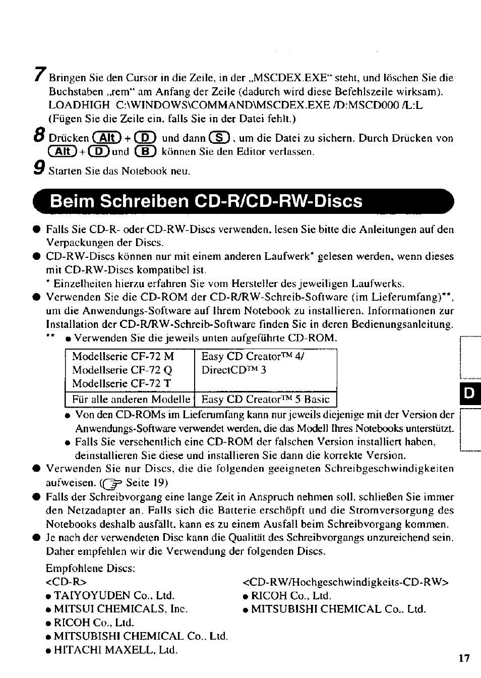 Beim schreiben cd-r/cd-rw-discs | Panasonic CF-VCW722 User Manual | Page 17 / 28