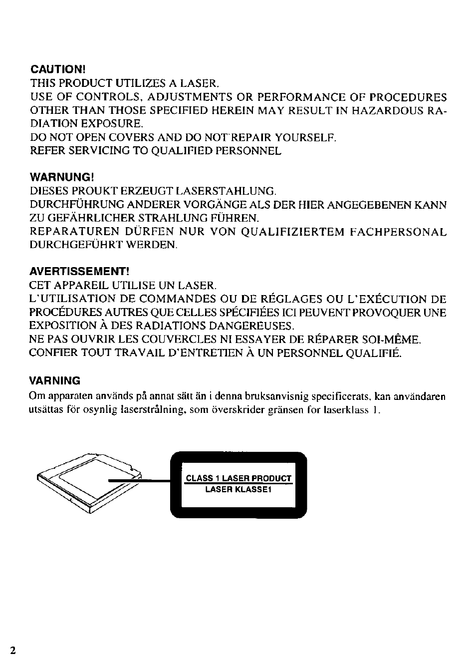 Caution, Warnung, Avertissement | Varning | Panasonic CF-VCW722 User Manual | Page 2 / 28