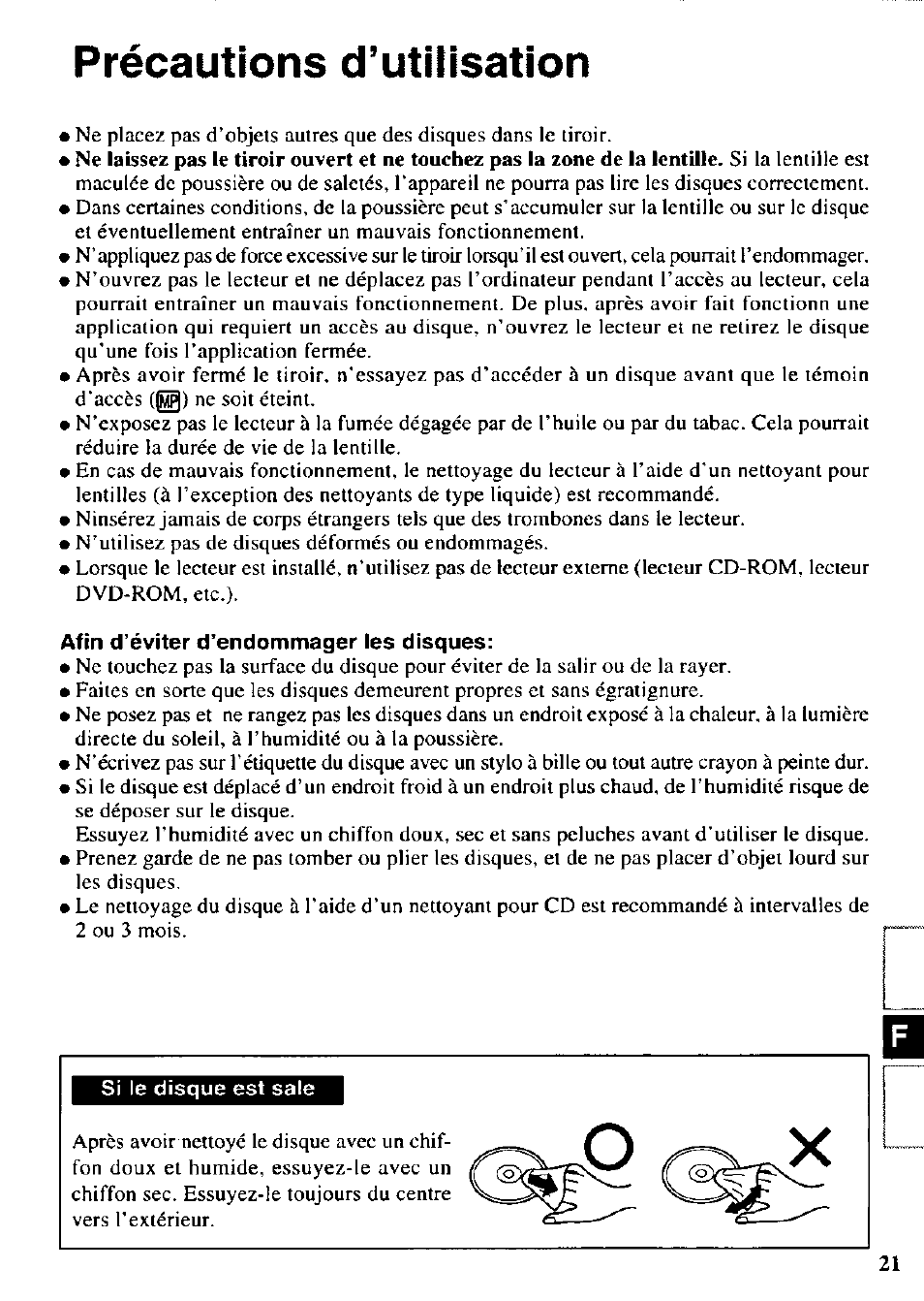 Précautions d’utilisation, Afin d’éviter d’endommager les disques | Panasonic CF-VCW722 User Manual | Page 21 / 28