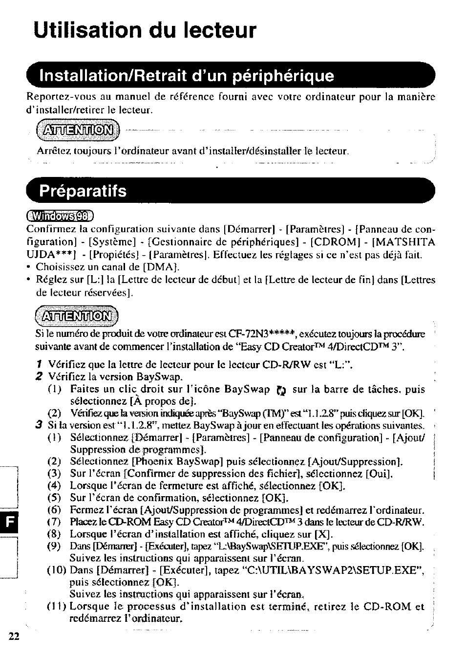 Utilisation du lecteur, Installation/retrait d’un périphérique, Alinennîlon | Préparatifs | Panasonic CF-VCW722 User Manual | Page 22 / 28