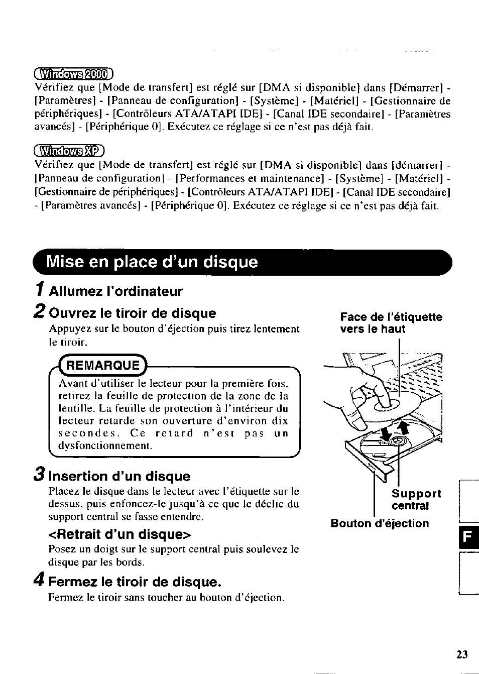 Mise en place d’un disque, Sarflïebap) | Panasonic CF-VCW722 User Manual | Page 23 / 28