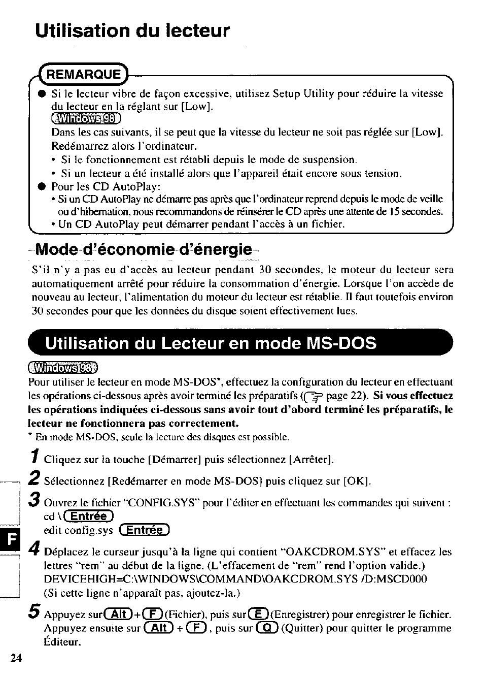 Mode d’économie d’énergie, Utilisation du lecteur en mode ms-dos, Utilisation du lecteur | Câd + cd | Panasonic CF-VCW722 User Manual | Page 24 / 28