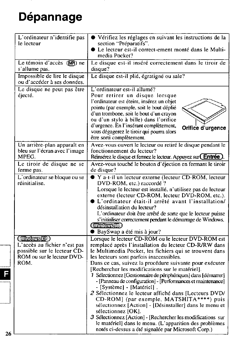 Dépannage | Panasonic CF-VCW722 User Manual | Page 26 / 28