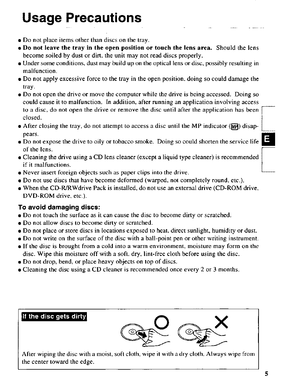 Usage precautions, To avoid damaging discs, If the disc gets dirty | Panasonic CF-VCW722 User Manual | Page 5 / 28