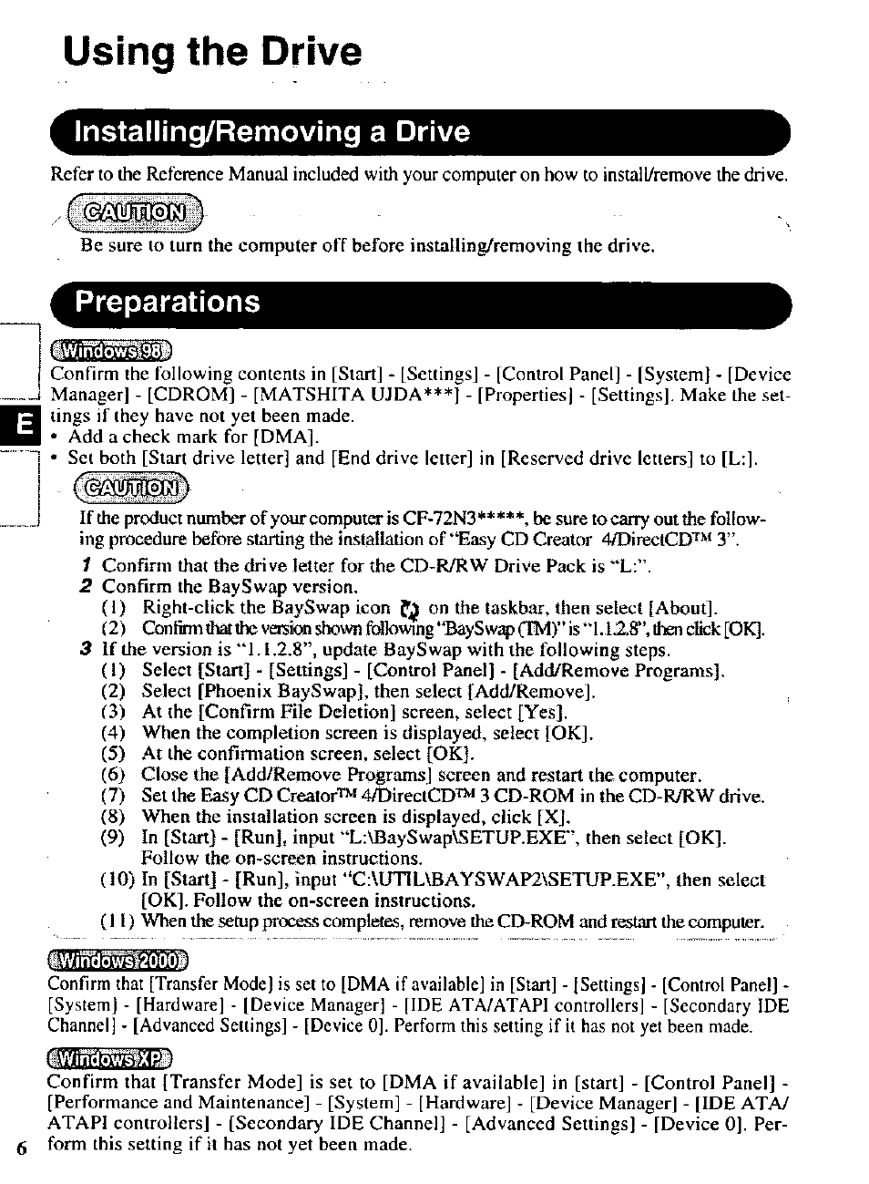 Using the drive, Installing/removing a drive, Preparations | Panasonic CF-VCW722 User Manual | Page 6 / 28