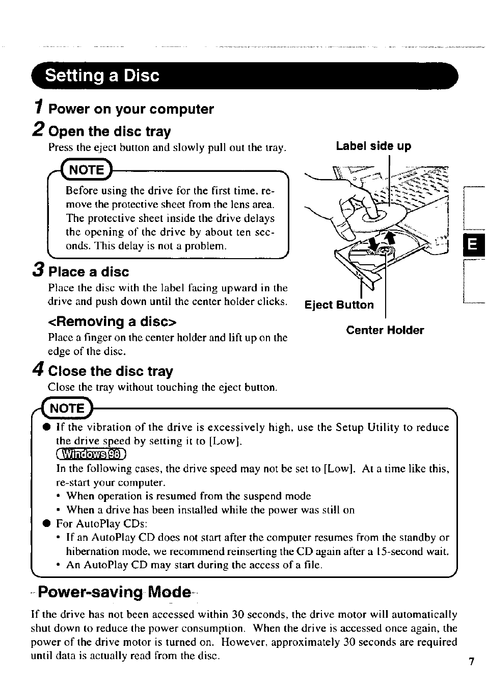 Setting a disc, Power-saving mode | Panasonic CF-VCW722 User Manual | Page 7 / 28