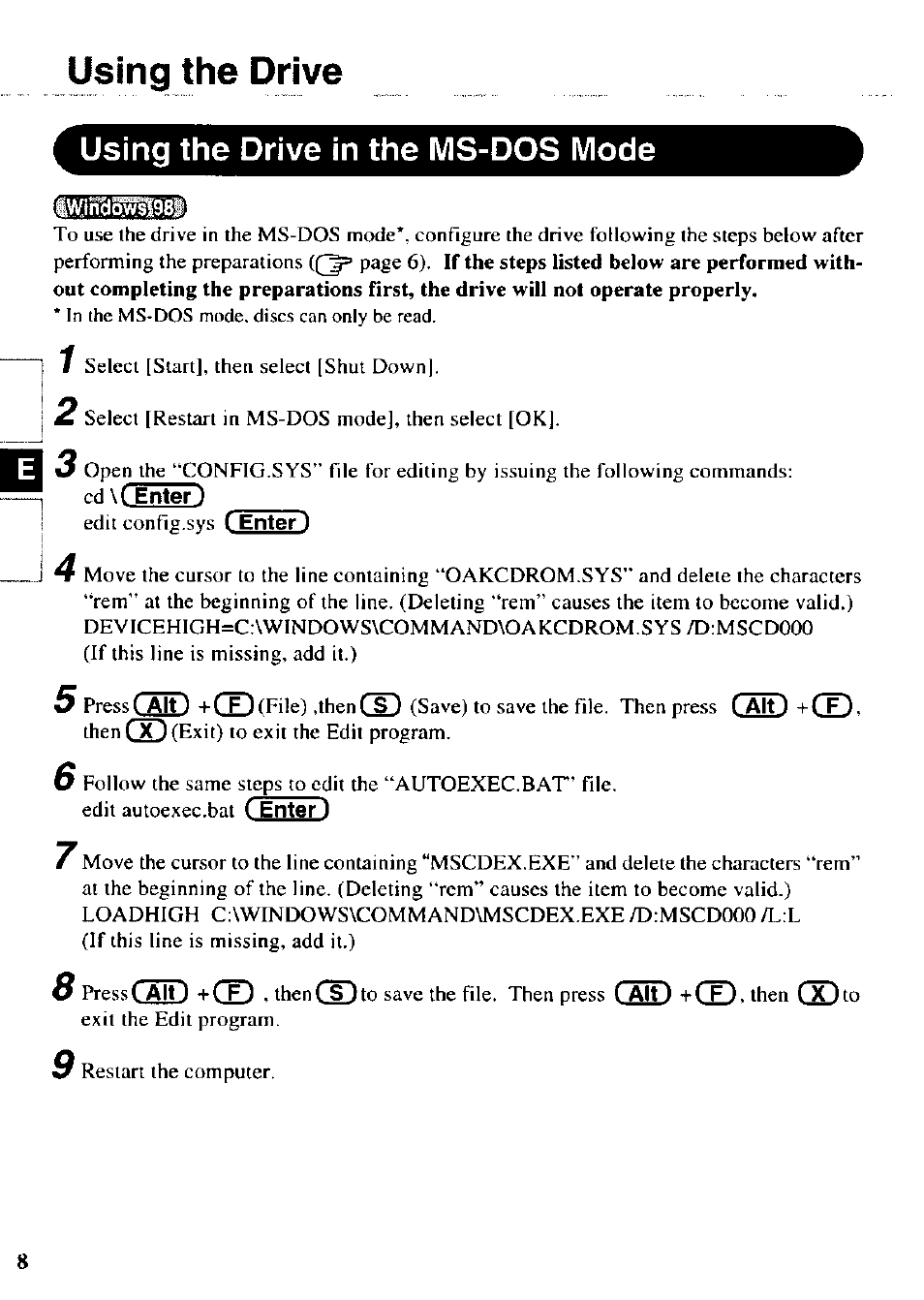 Using the drive in the ms-dos mode, Using the drive, Cad+œ) | Panasonic CF-VCW722 User Manual | Page 8 / 28