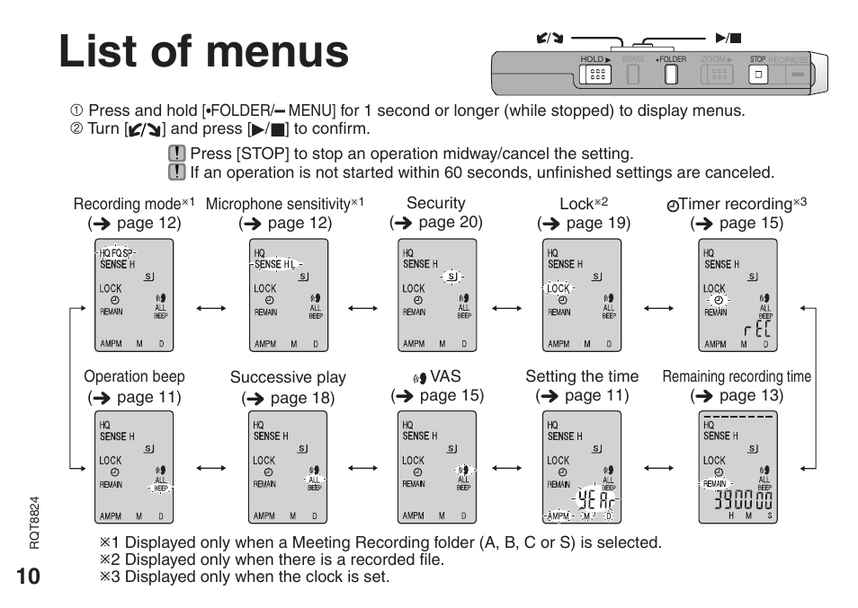 List of menus | Panasonic RR-US430 User Manual | Page 10 / 44